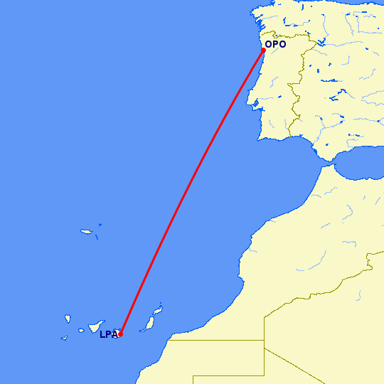 перелет Порту — Лас Пальмас на карте