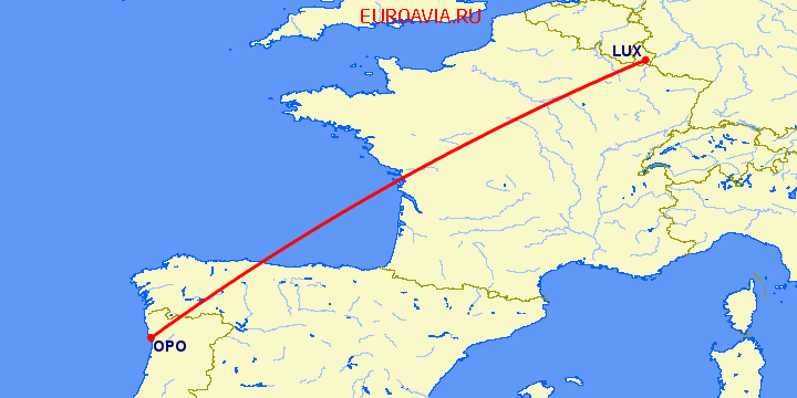 перелет Порту — Люксембург на карте