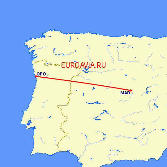 перелет Порту — Мадрид на карте