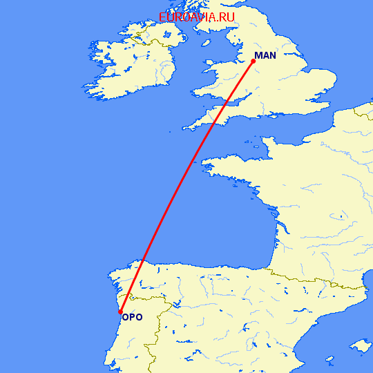 перелет Порту — Манчестер на карте