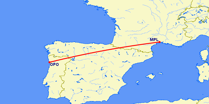 перелет Порту — Монпелье на карте