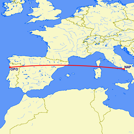 перелет Порту — Неаполь на карте