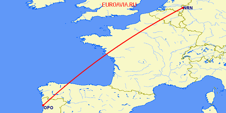 перелет Порту — Дюссельдорф на карте