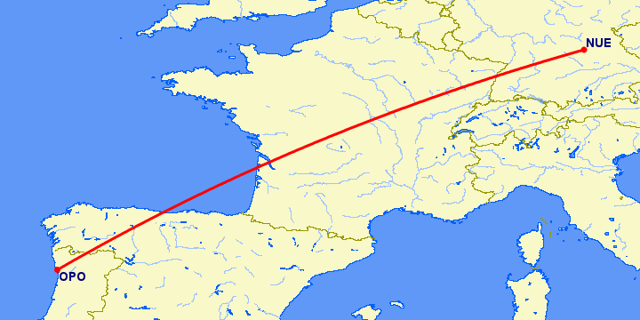 перелет Порту — Нюремберг на карте