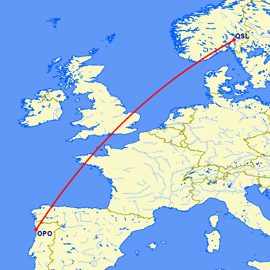 перелет Порту — Осло на карте