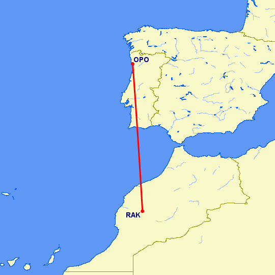 перелет Порту — Марракеш на карте