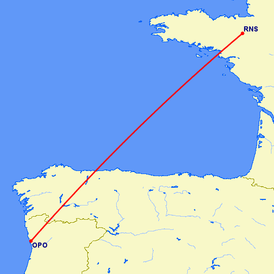 перелет Порту — Ренн на карте