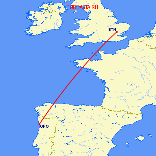 перелет Порту — Лондон на карте