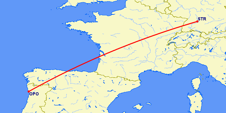 перелет Порту — Штуттгард на карте