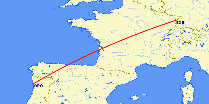 перелет Порту — Страсбург на карте