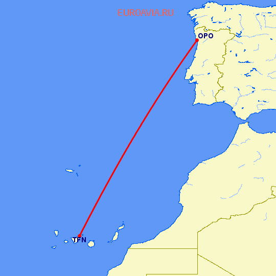 перелет Порту — Тенерифе на карте