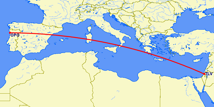 перелет Порту — Тель Авив на карте