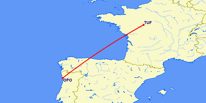 перелет Порту — Турс на карте
