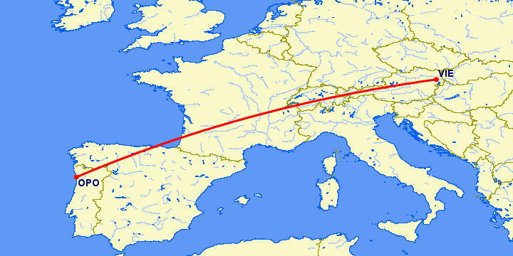 перелет Порту — Вена на карте