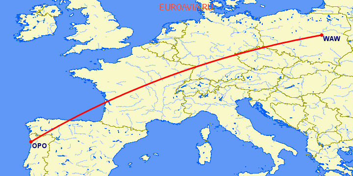 перелет Порту — Варшава на карте