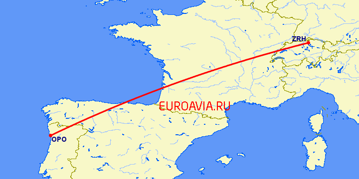 перелет Порту — Цюрих на карте