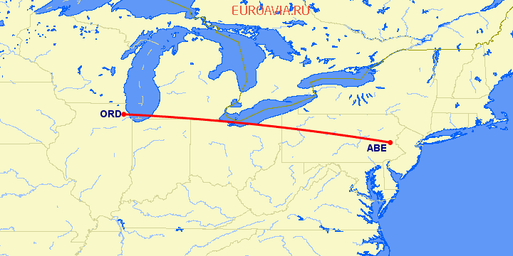 перелет Чикаго — Аллентаун на карте
