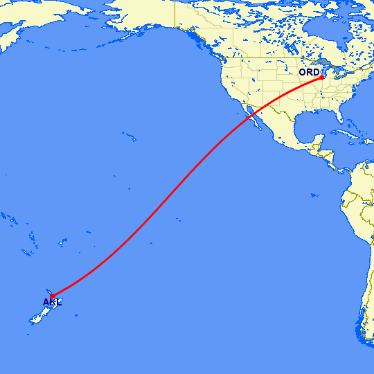 перелет Чикаго — Окленд на карте