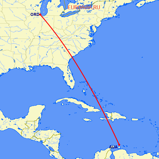перелет Чикаго — Аруба на карте