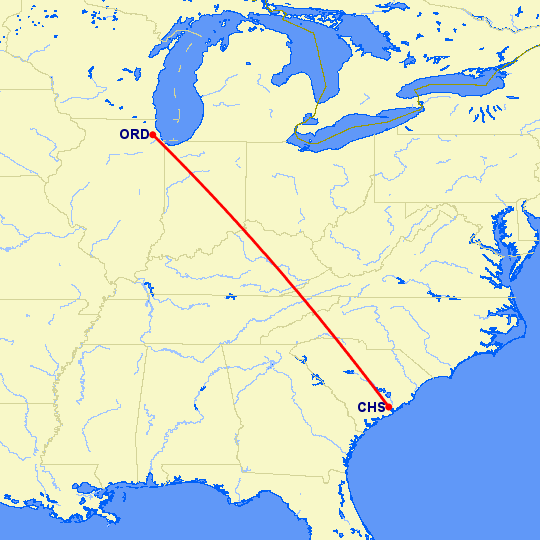 перелет Чикаго — Чарльстон на карте