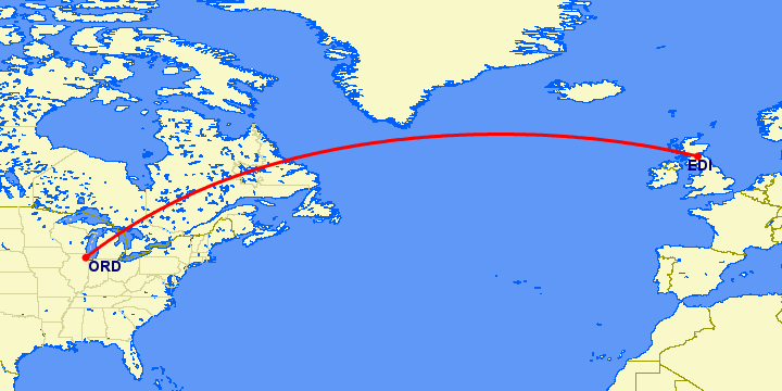 перелет Чикаго — Эдинбург на карте