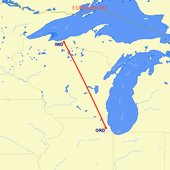 перелет Чикаго — Ironwood на карте