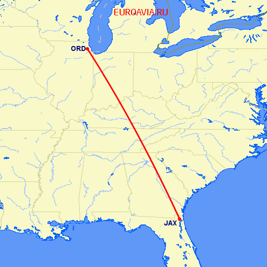 перелет Чикаго — Джексонвиль на карте