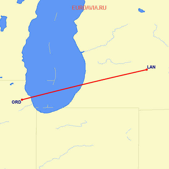 перелет Чикаго — Лансинг на карте