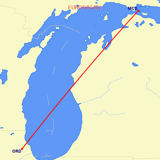перелет Чикаго — Mackinac Island на карте