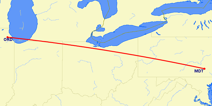 перелет Чикаго — Харрисбург на карте