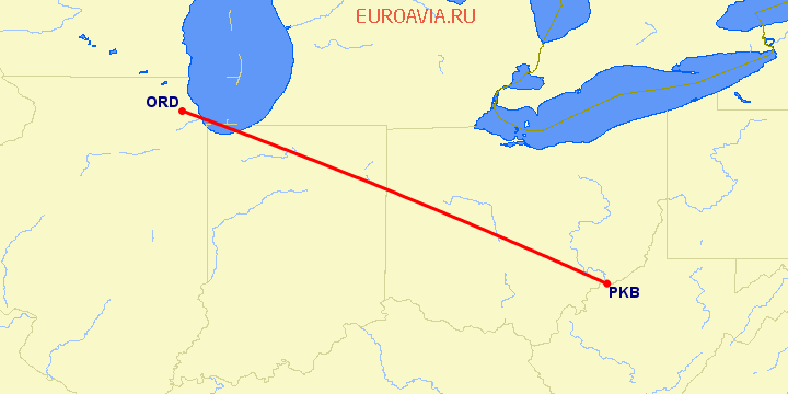 перелет Чикаго — Паркерсбург на карте