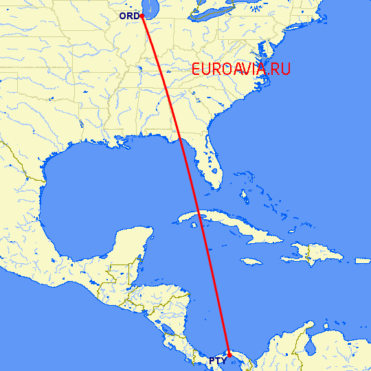 перелет Чикаго — Панама Сити на карте
