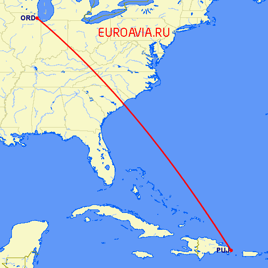перелет Чикаго — Пунта Кана на карте