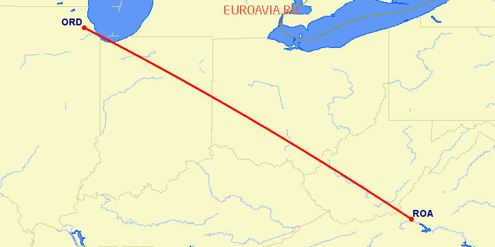 перелет Чикаго — Roanoke на карте