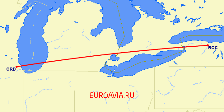перелет Чикаго — Рочестер на карте