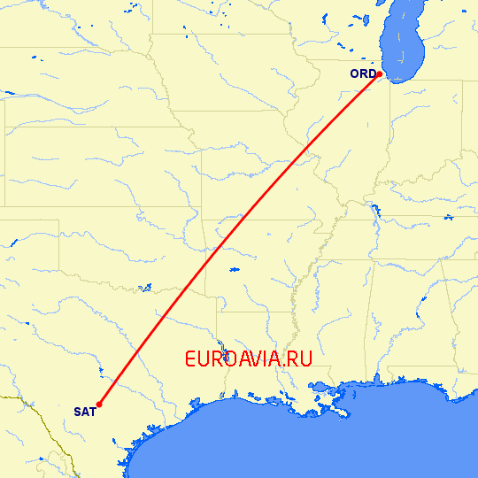 перелет Чикаго — Сан Антонио на карте