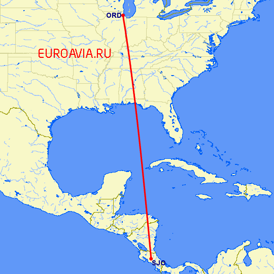 перелет Чикаго — Сан Хосе на карте
