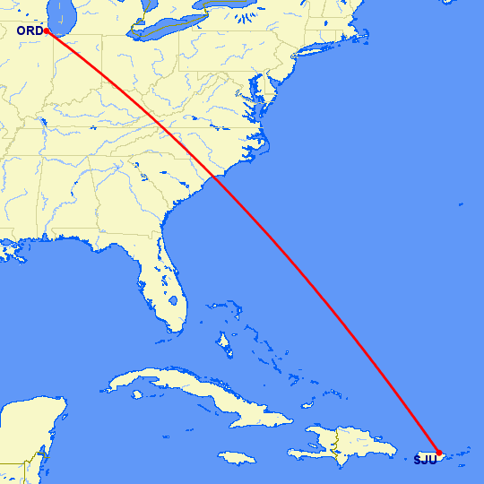 перелет Чикаго — Сан Хуан на карте