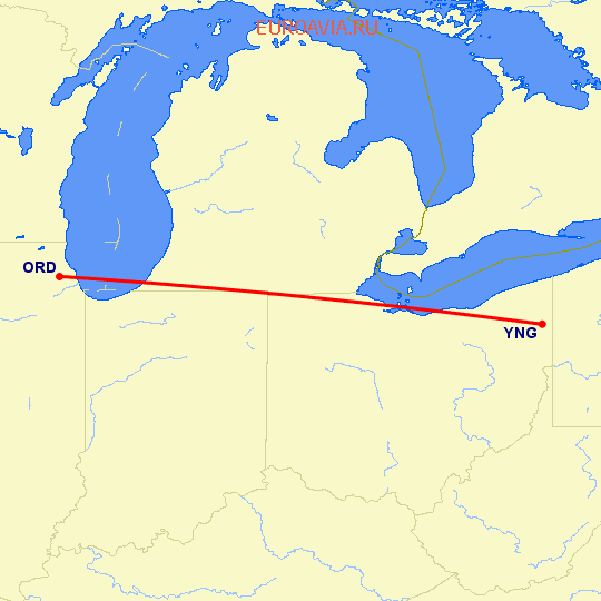 перелет Чикаго — Youngstown на карте