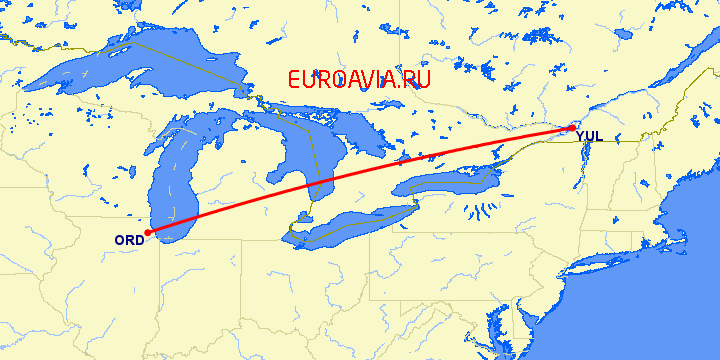 перелет Чикаго — Монреаль на карте