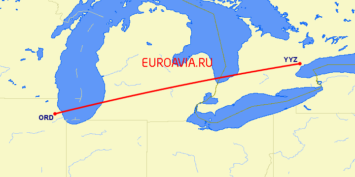 перелет Чикаго — Торонто на карте