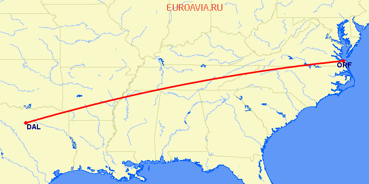 перелет Норфолк — Даллас на карте
