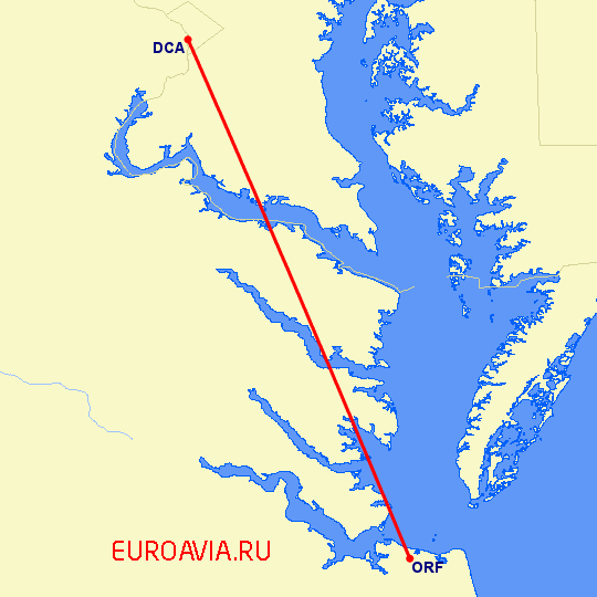 перелет Норфолк — Вашингтон на карте