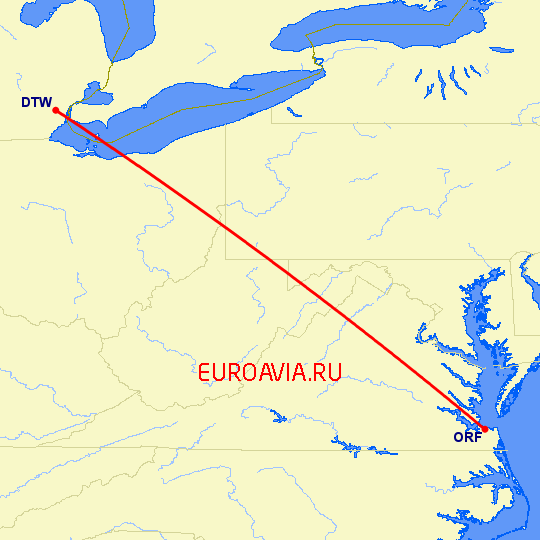 перелет Норфолк — Детройт на карте