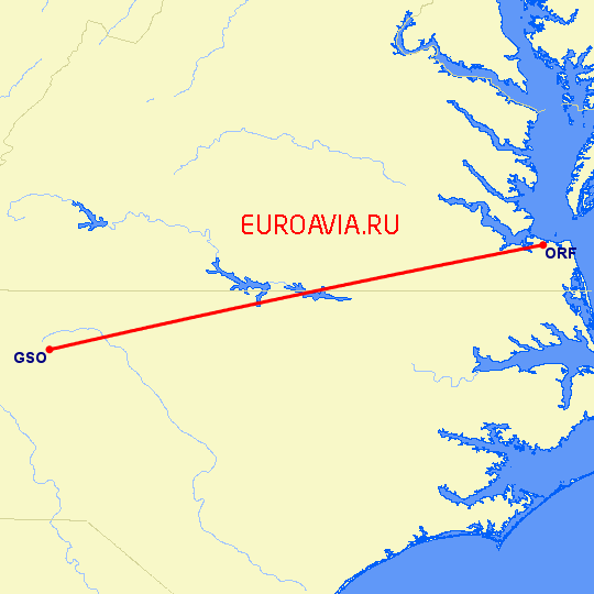 перелет Норфолк — High Point на карте
