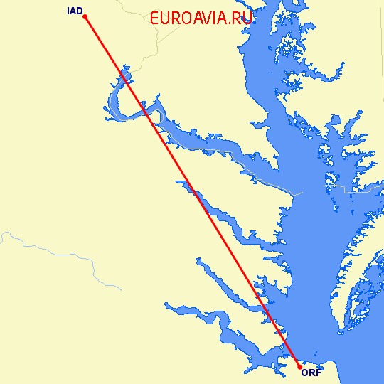 перелет Норфолк — Вашингтон на карте