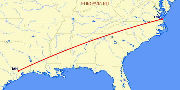 перелет Норфолк — Хьюстон на карте
