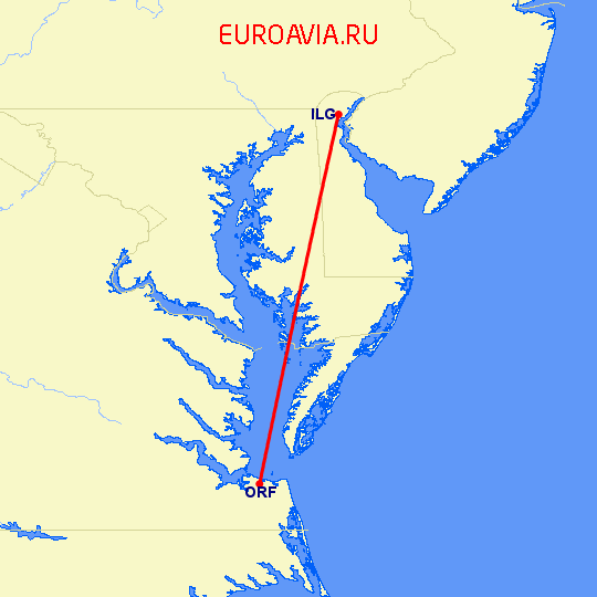 перелет Норфолк — Wilmington на карте
