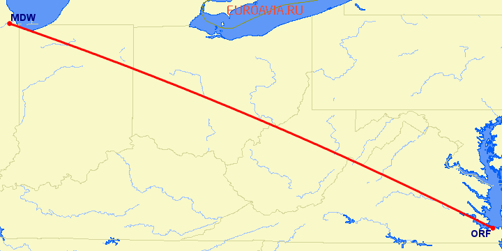 перелет Норфолк — Чикаго на карте