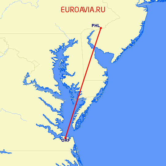 перелет Норфолк — Филадельфия на карте